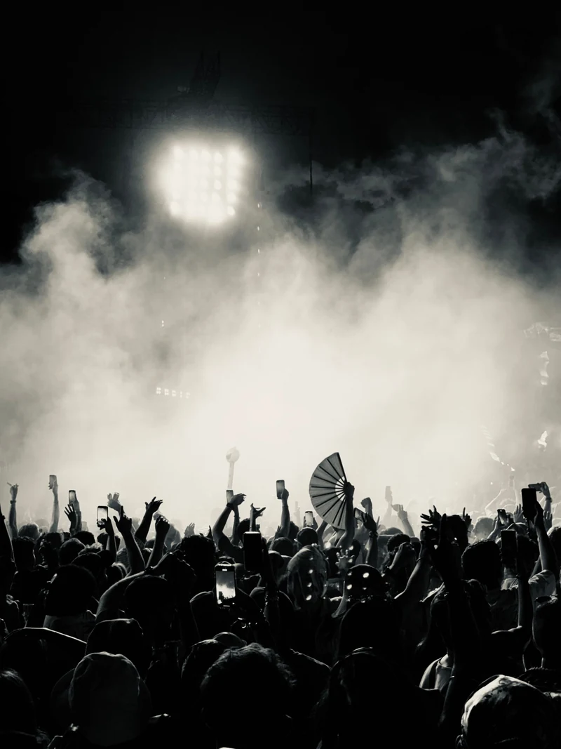 Black and white view of a live concert crowd with raised phones and stage lights