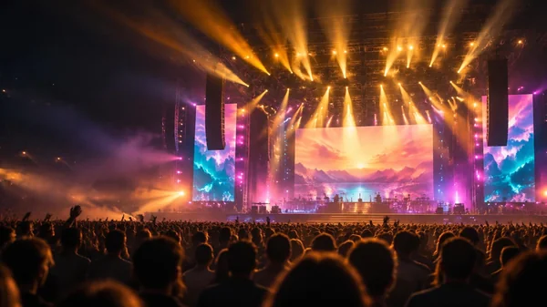 Live concert stage with spotlights and crowd